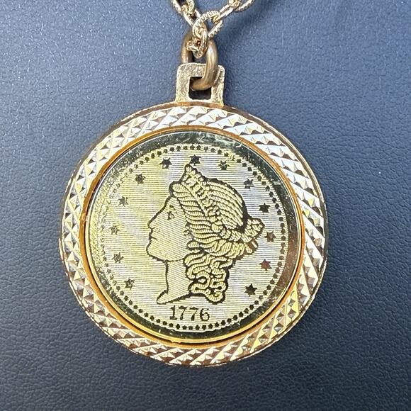 Vintage Twenty Dollar Coin Design Replica 1776 Gold Tone Pendant Necklace 24” - Picture 1 of 6